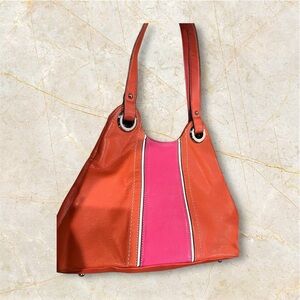 Tignanello leather purse, very mod, color block style, orange, pink, white trim